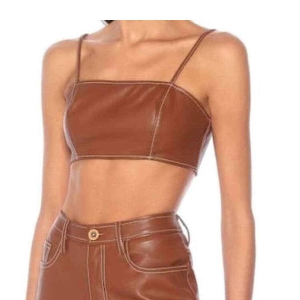 Staud Top Womens 0 Brown Whiskey Bomber Vegan Leather Bralette Cropped Spaghetti